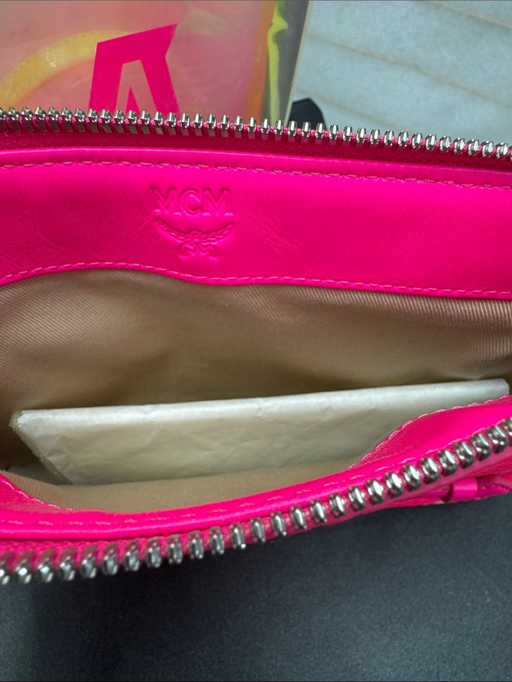 MCM Neon Yellow Iridescent Tote with Hot Pink Logo Wristlet - Picture 2 of 9